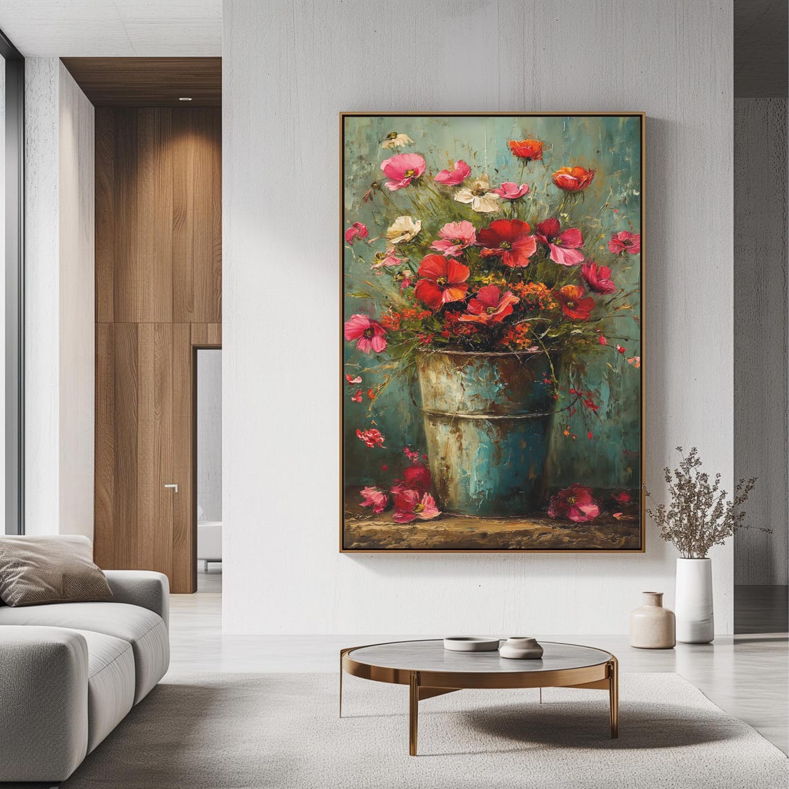 Rustic Metal Bucket Red Poppies Wildflowers Teal Vintage Floral Poster - Image 3