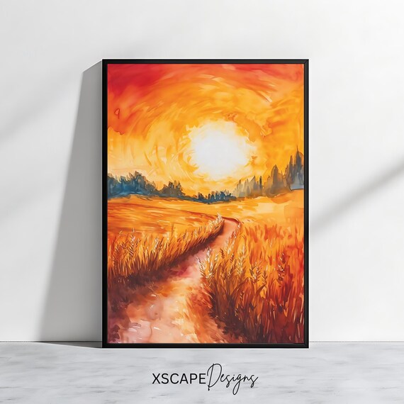 Golden Field Sunset Landscape, Nature Art Print
