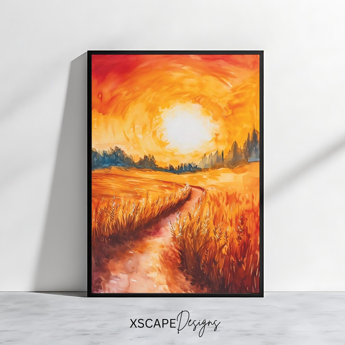 Golden Field Sunset Landscape, Nature Art Print