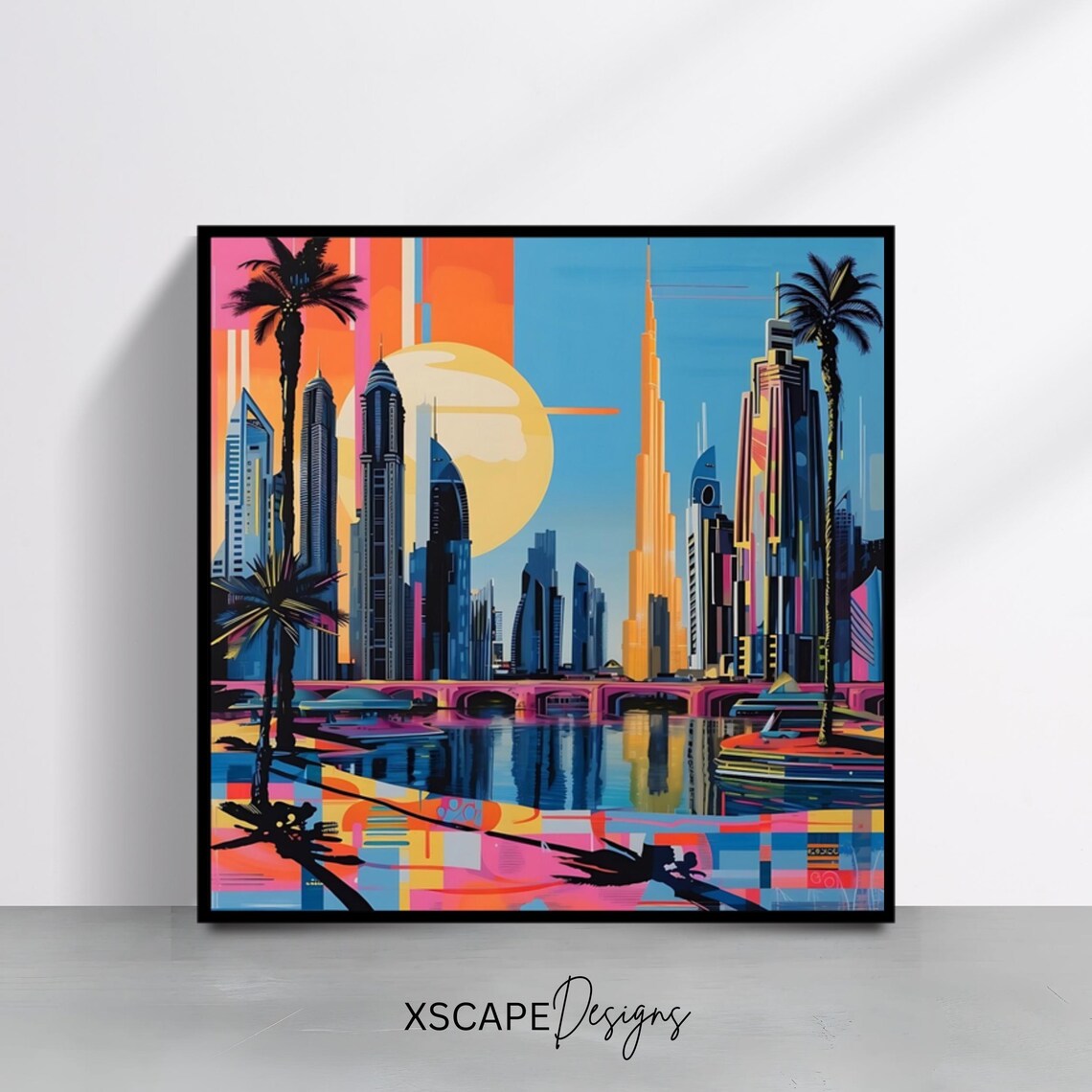 Dubai Skyline Pop Art Palm Trees Sunset Cityscape Travel Print Poster