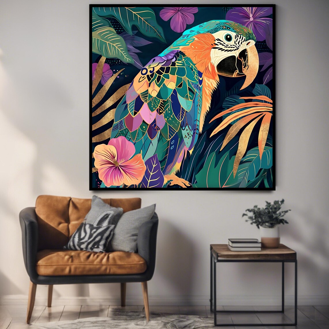 Colorful Tropical Parrot Among Exotic Flowers Jungle Art Poster - Image 3