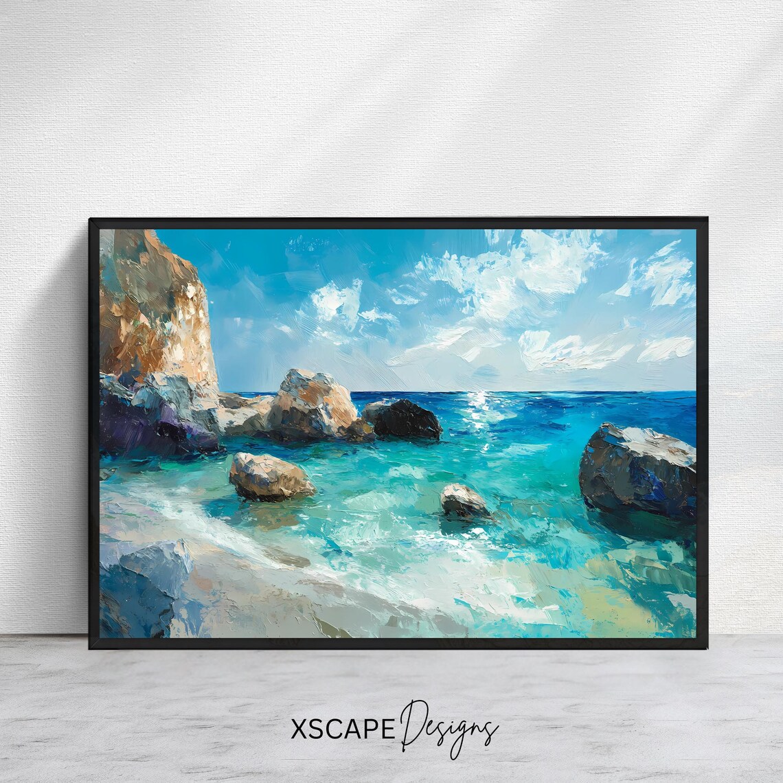 Turquoise Rocky Coastline Blue Water Beach Rocks Summer Sea Poster