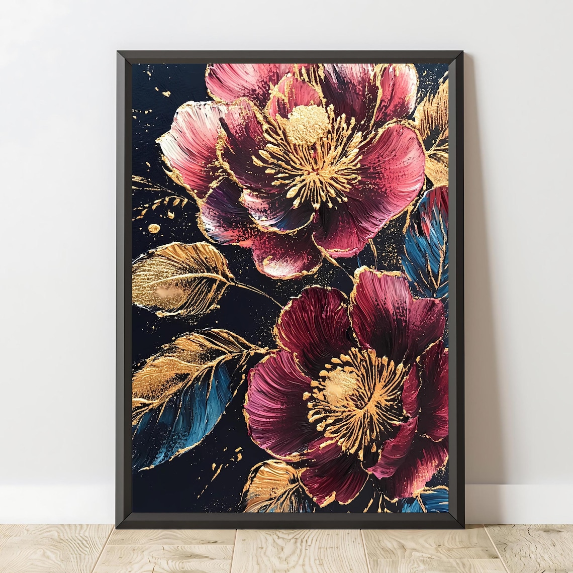 Burgundy Gold Accented Anemone Blooms On Black Luxe Floral Art Poster - Image 2