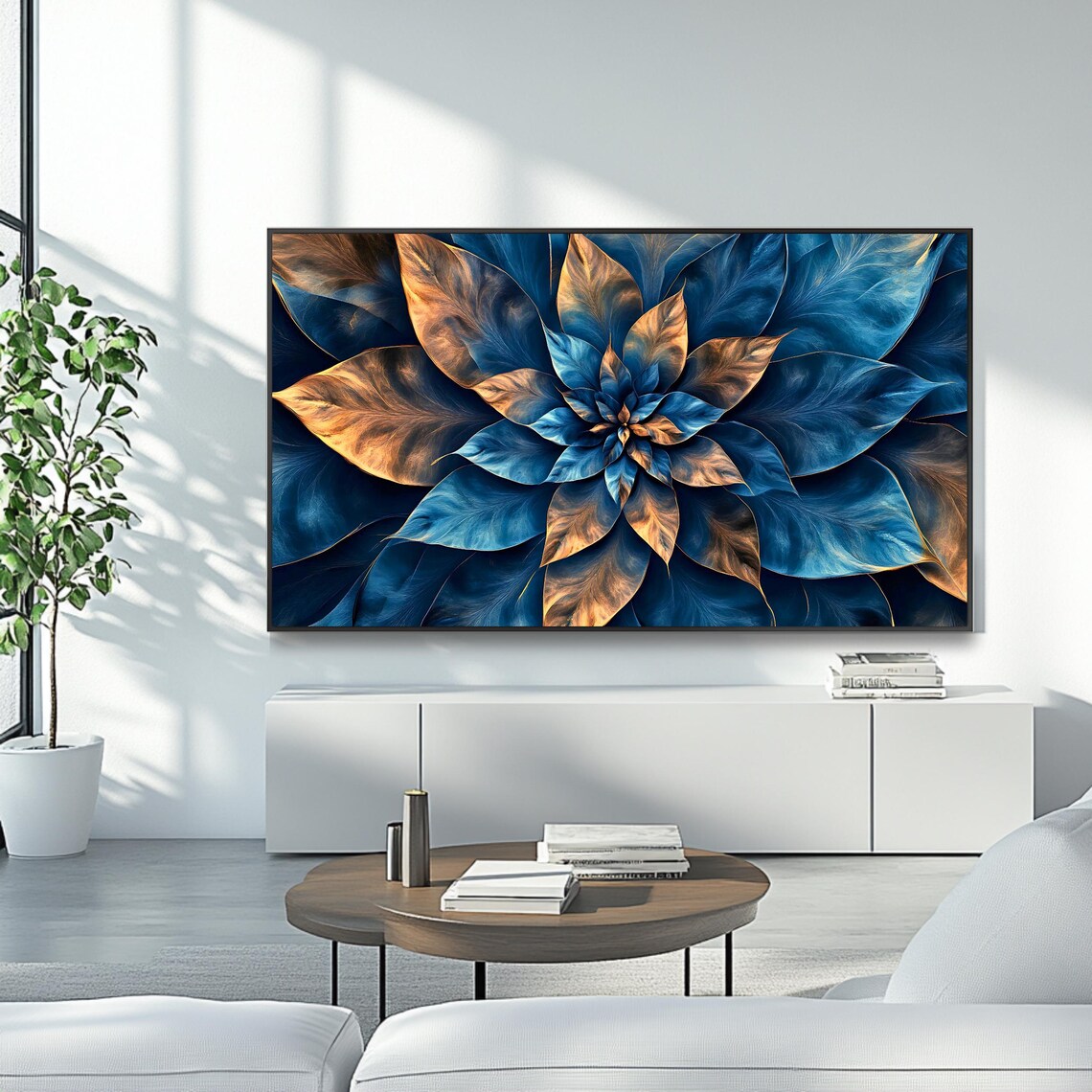 Blue And Gold Abstract Blooming Flower Mandala Modern Art Poster - Image 4