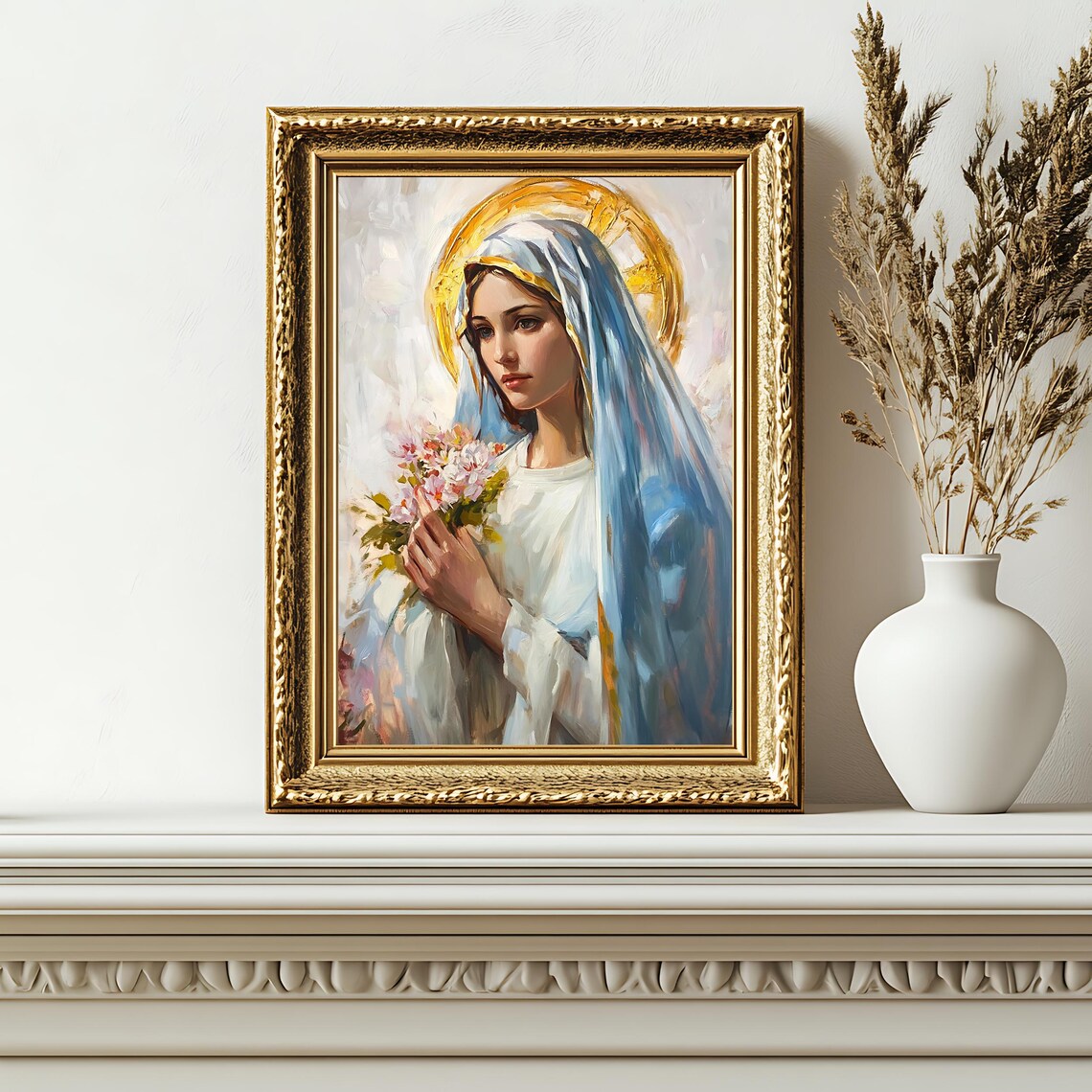 Blessed Virgin Mary With Flowers Blue Veil Golden Halo Devotional Print - Image 2