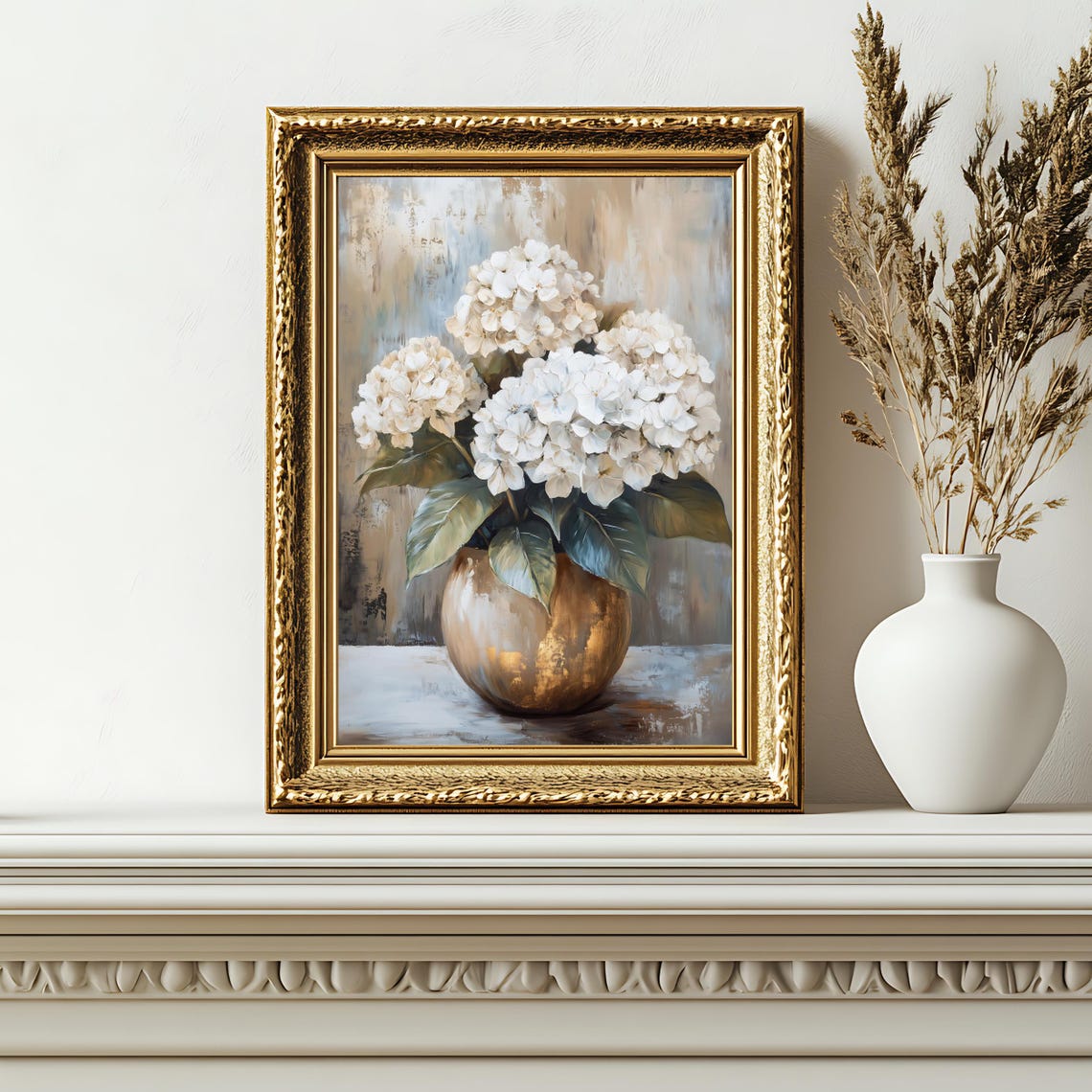 White Hydrangea Bouquet Gold Vase Still Life Elegant Floral Wall Art - Image 2