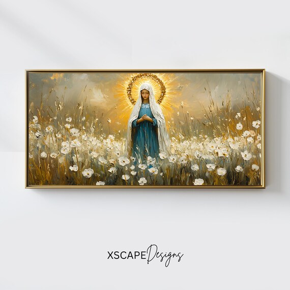 Virgin Mary White Flower Field Golden Halo Panoramic Catholic Religious Wall Art