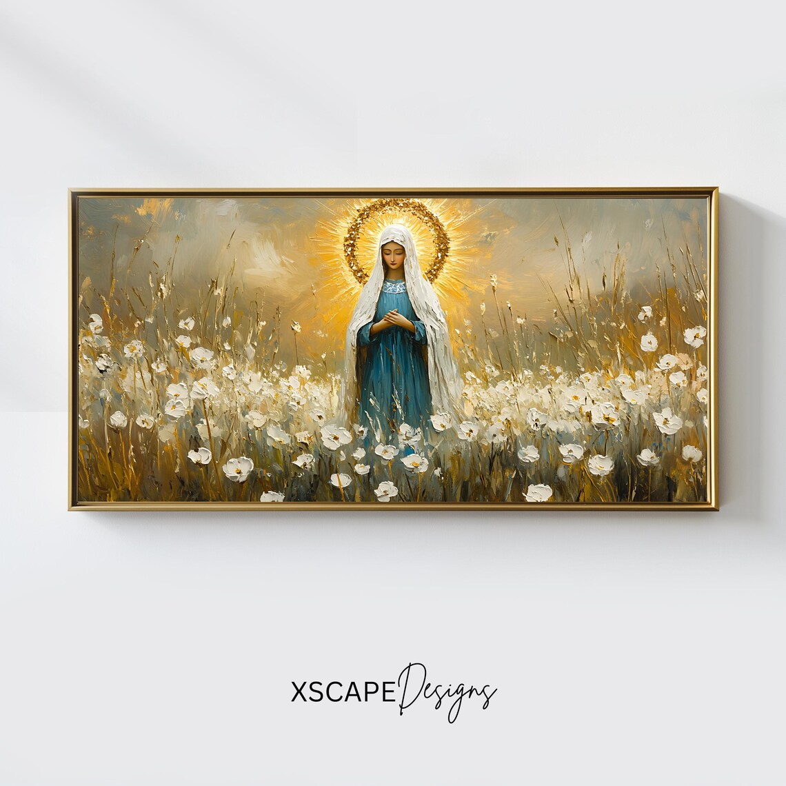Virgin Mary White Flower Field Golden Halo Panoramic Catholic Religious Wall Art