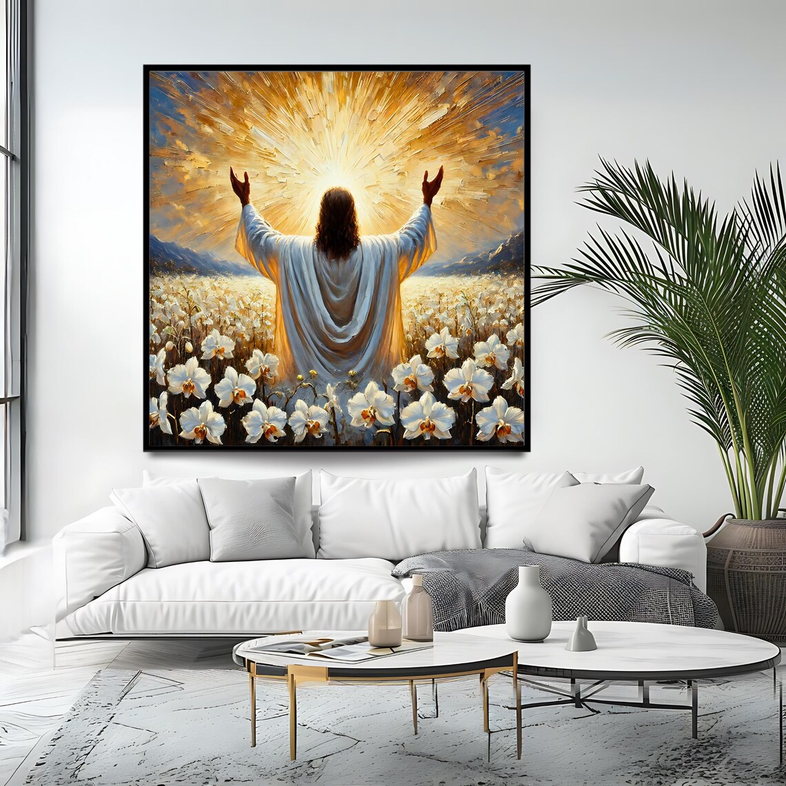 Jesus Christ Arms Raised White Flower Field Sunrise Christian Art Poster - Image 4