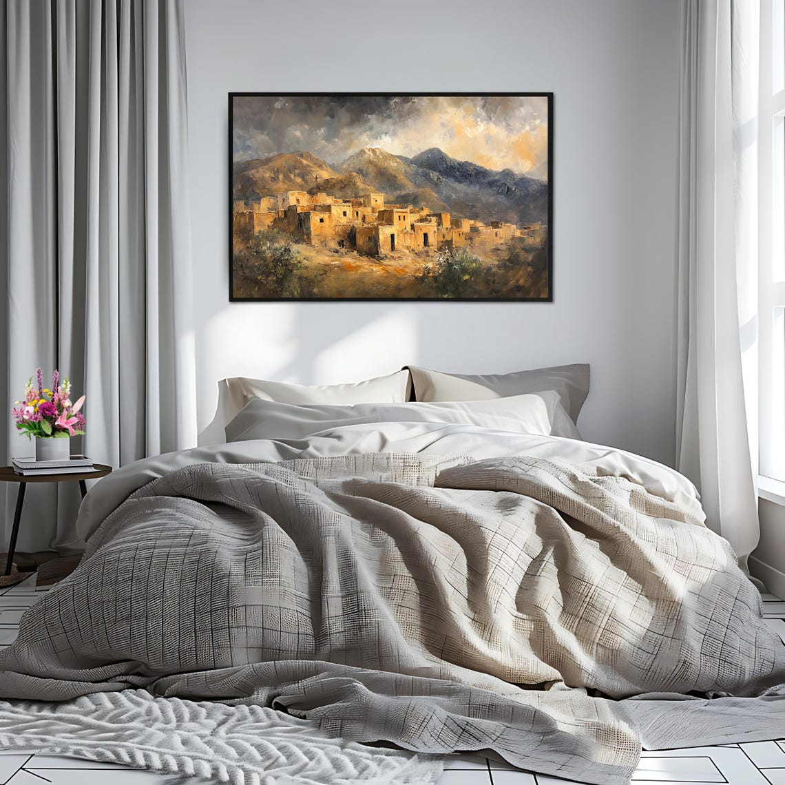 Desert Adobe Village Mountain Landscape Golden Light Old Town Poster - Image 2
