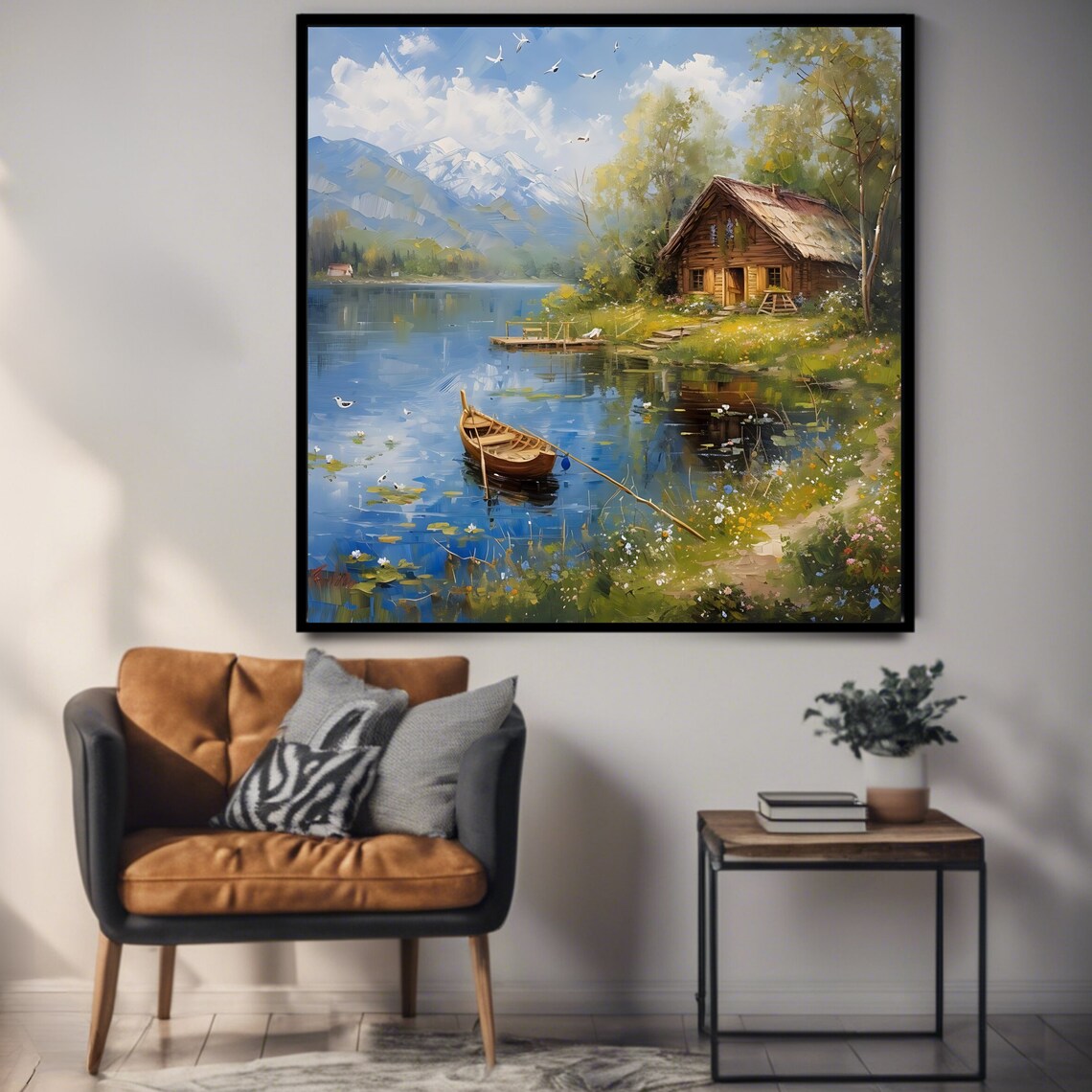 Lakeside Cabin Rowboat Snowy Mountain Lake Rustic Scenic Print - Image 3