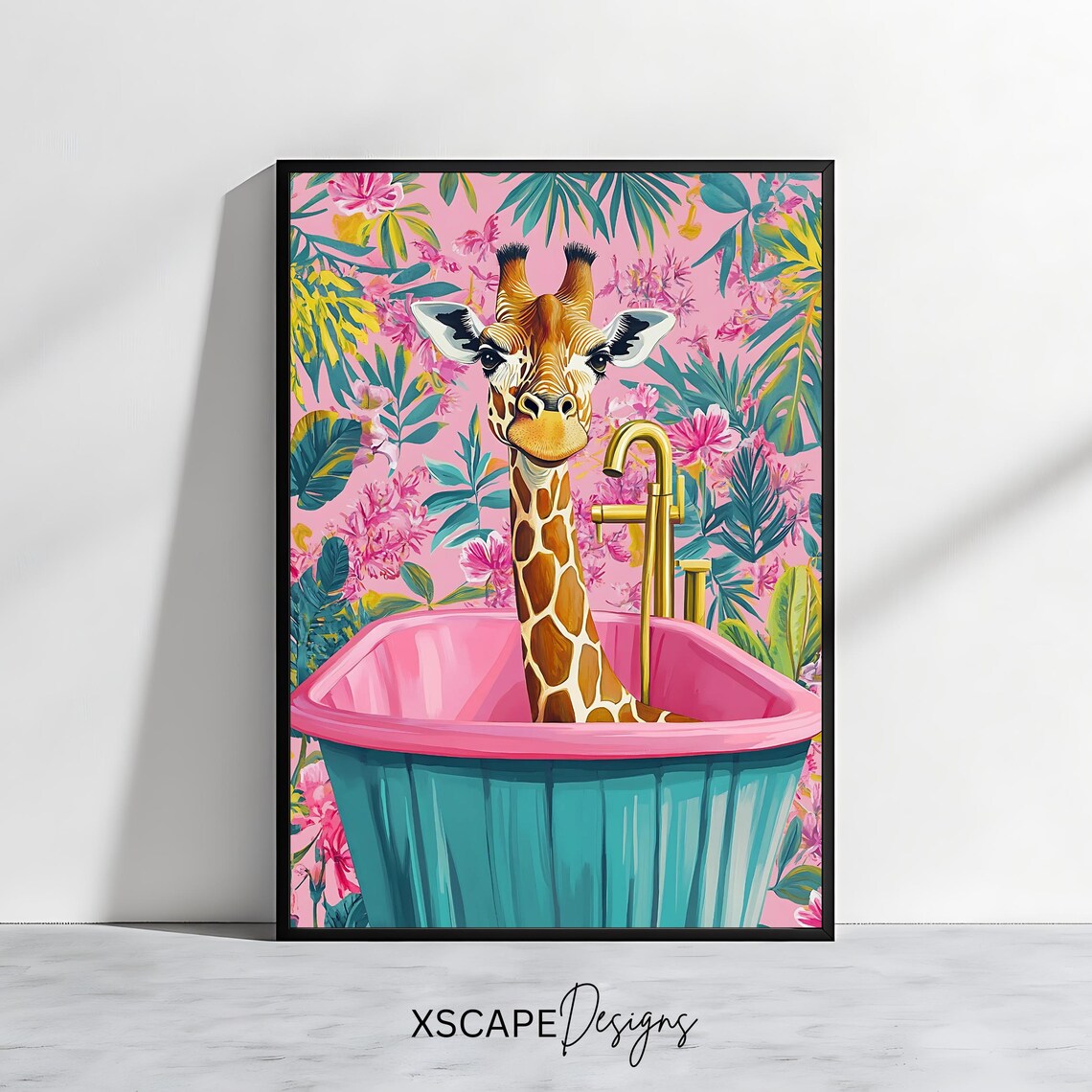 Funny Giraffe in Pink Bathtub Tropical Bathroom Quirky Animal Art Print