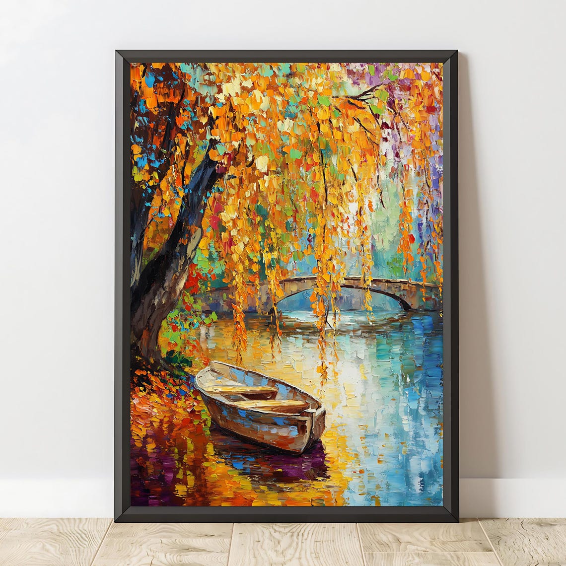 Golden Autumn Rowboat River Under Weeping Willows Bridge View Poster - Image 2