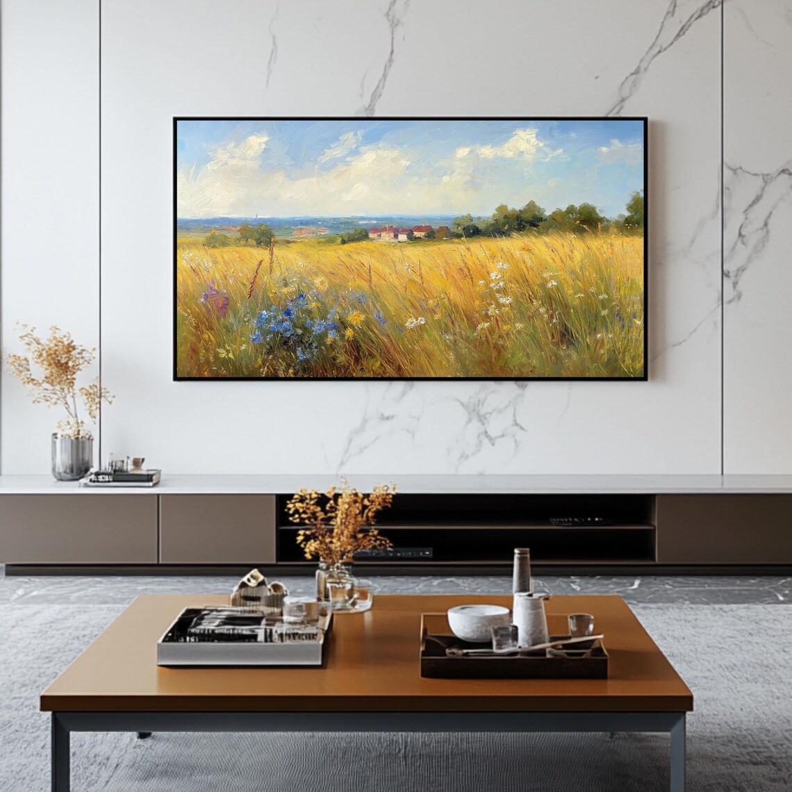 Golden Summer Meadow Wildflowers Village Landscape Oil Painting Poster - Image 2