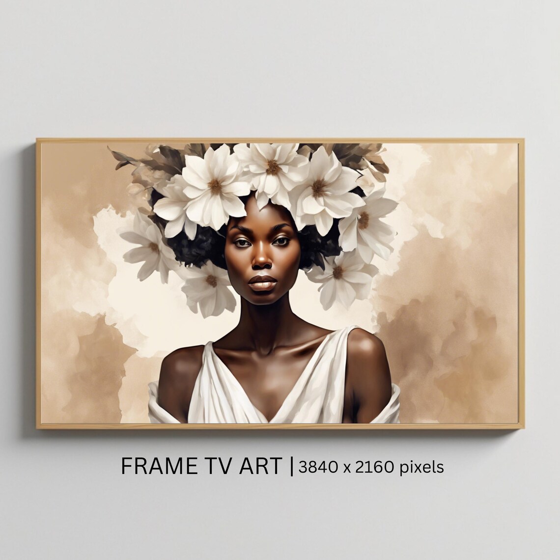 African Beauty White Flower Crown Watercolor Elegant Wall Art
