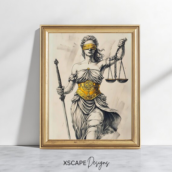 Vintage Lady Justice Blindfolded Scales Sword Gold Accent Legal Print