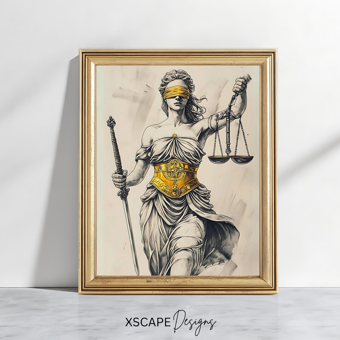 Vintage Lady Justice Blindfolded Scales Sword Gold Accent Legal Print