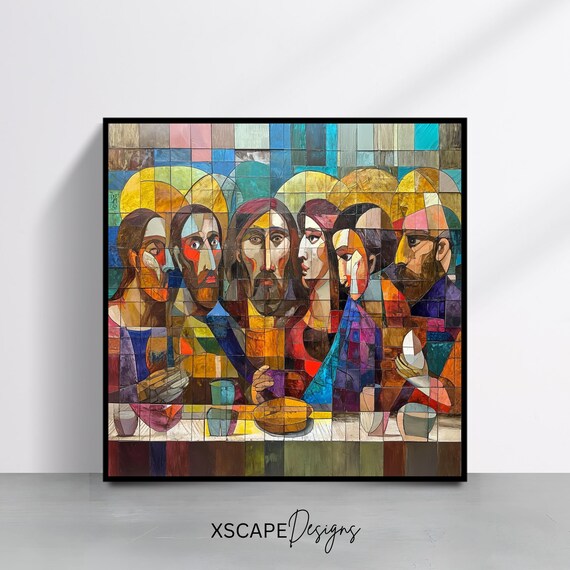 Last Supper Cubist Mosaic Style Colorful Religious Painting Modern Faith Art Poster