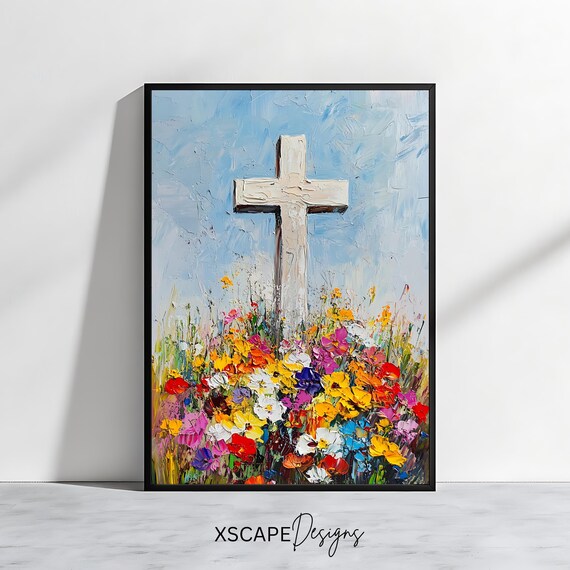 White Cross Wildflower Field Inspirational Christian Oil Painting Art Poster