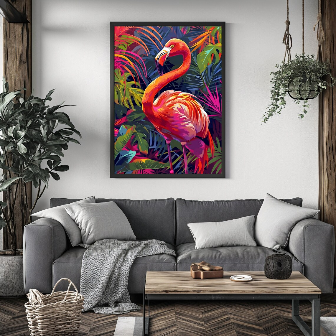 Pink Flamingo Neon Tropical Jungle Foliage Vibrant Wildlife Art Poster - Image 4