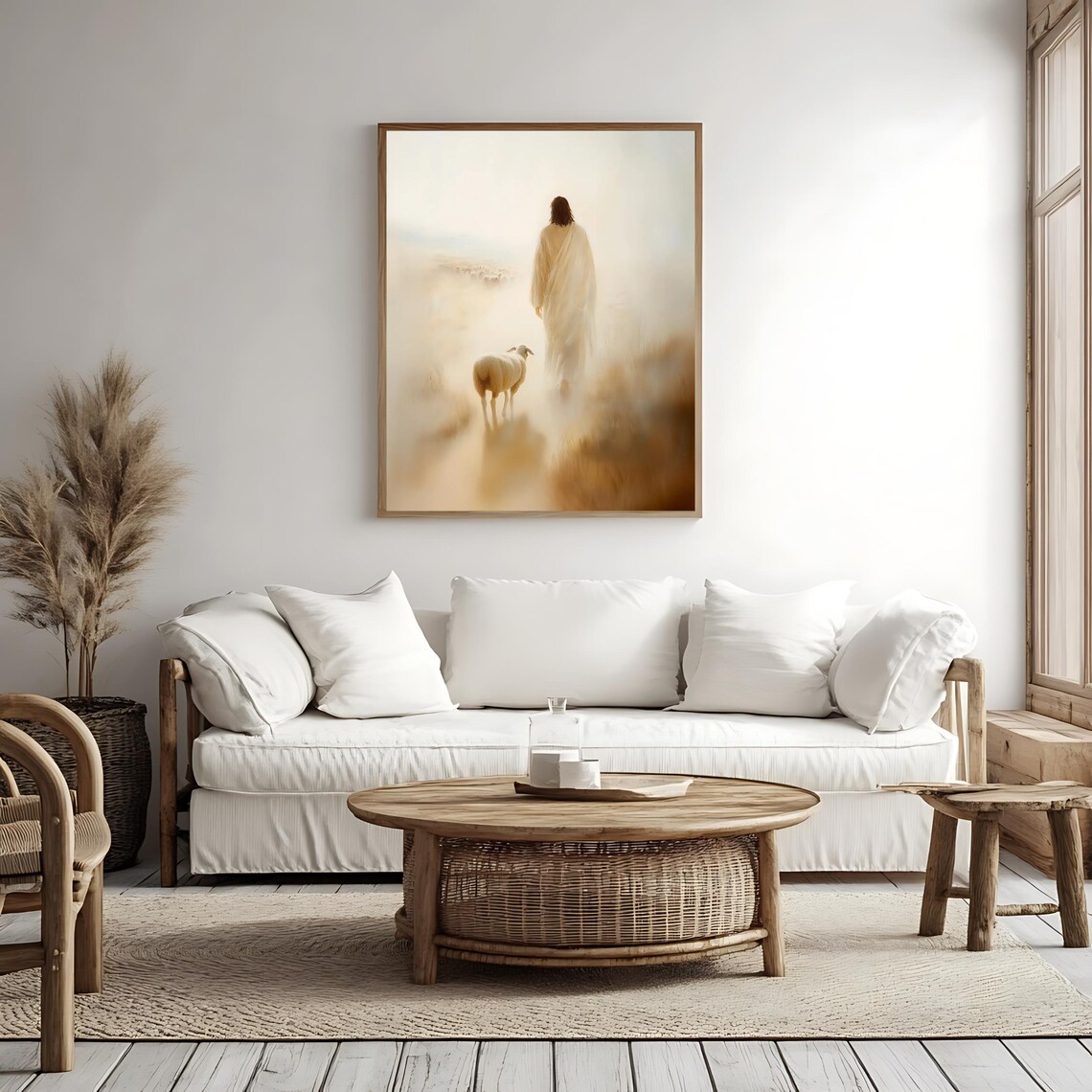 Jesus the Good Shepherd With Sheep Golden Mist Christian Faith Wall Art - Image 4
