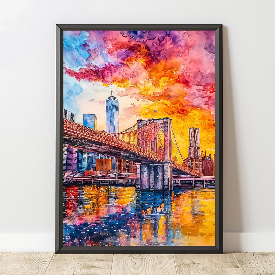 Brooklyn Bridge New York City Skyline Sunset Watercolor Travel Poster - Image 2