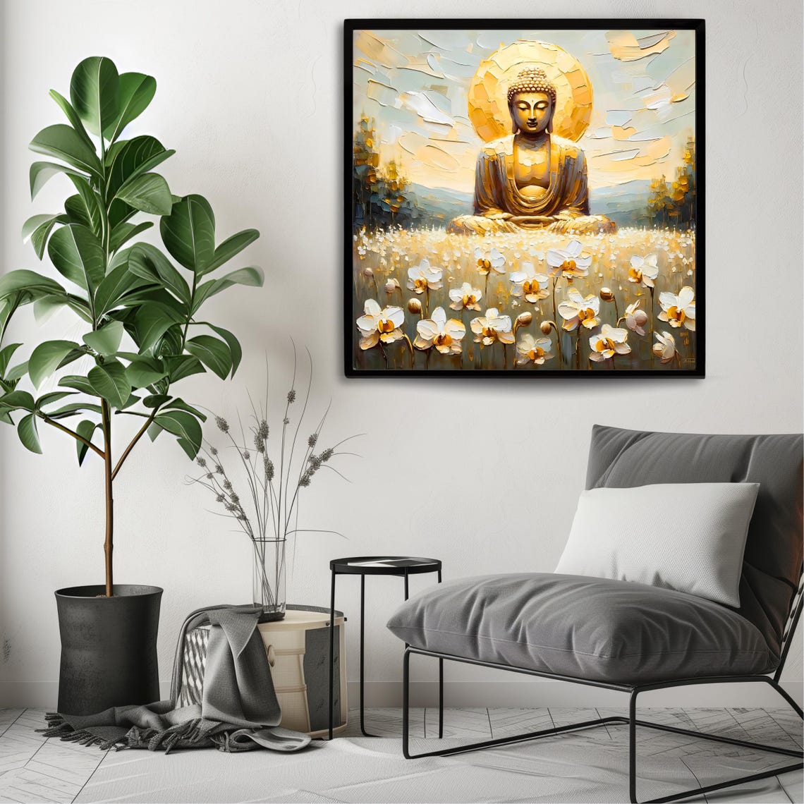 Golden Buddha Square Art Print Serene Artwork Spiritual Wall Decor Buddhist Art - Image 3