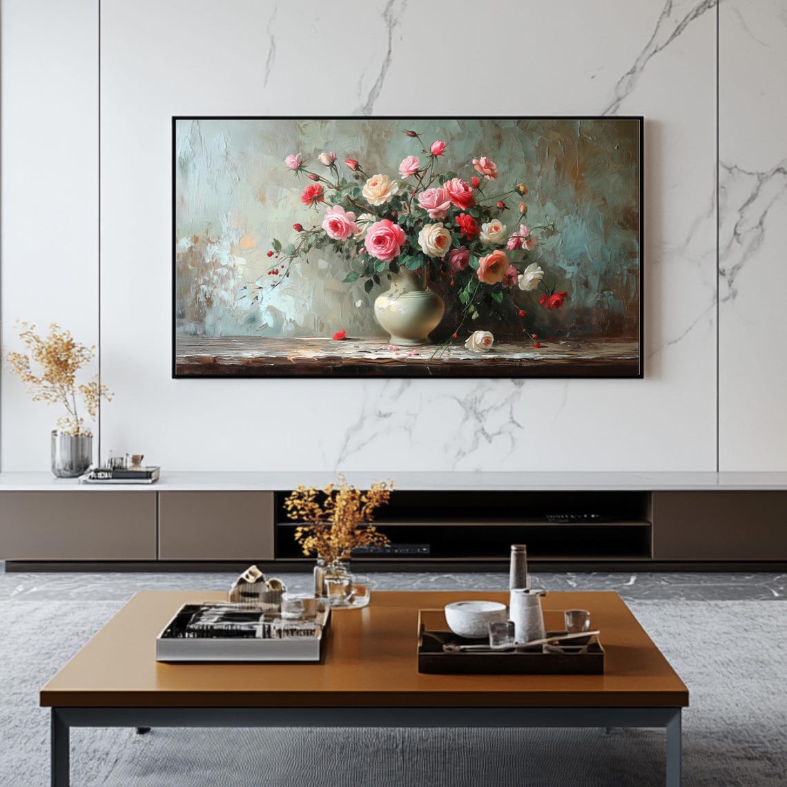 Rustic Rose Bouquet Pink White Red Vase Vintage Floral Poster - Image 2