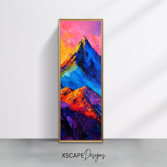 Tall Vertical Mountain Wall Art Colorful Abstract Landscape Print Long And Narrow Nature Artwork Wide Wall Art