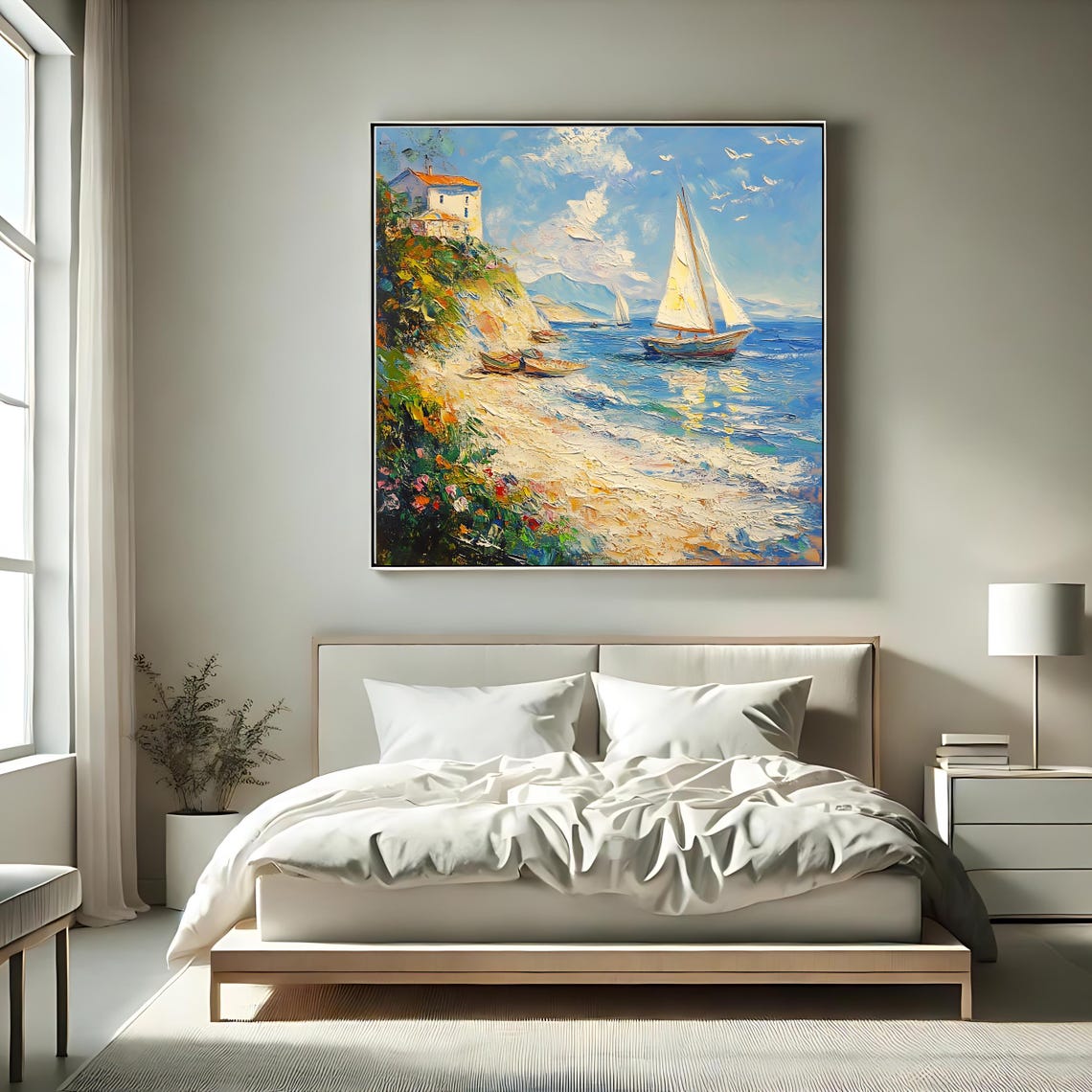 Mediterranean Sailboat Sparkling Sea Coastal Cliffside Villa Poster - Image 2