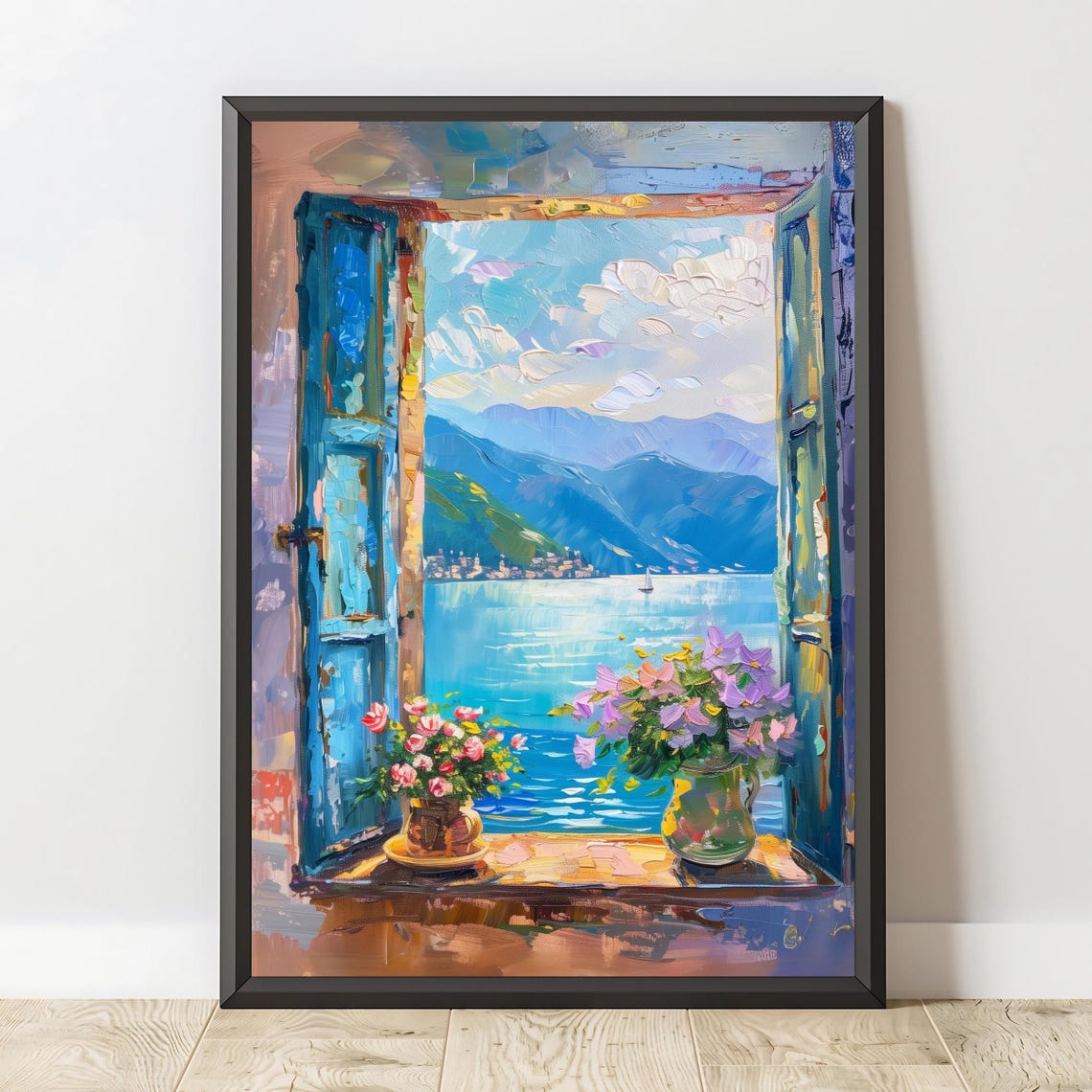 Lake Como Italy Open Window Lake View Flower Pots Travel Poster - Image 2