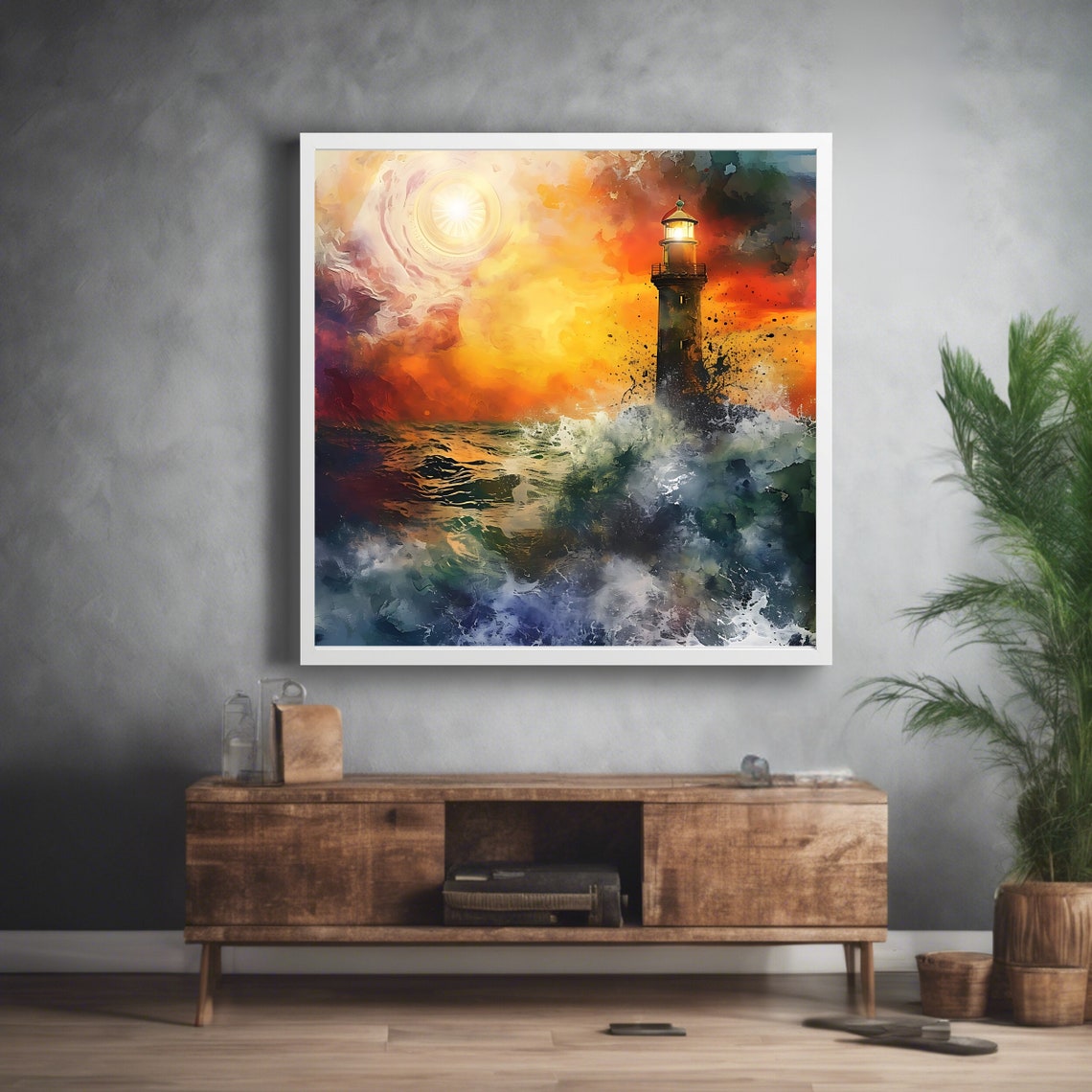 Lighthouse Sunset Wall Art Print Nautical Square Artwork Ocean Themed - Image 3
