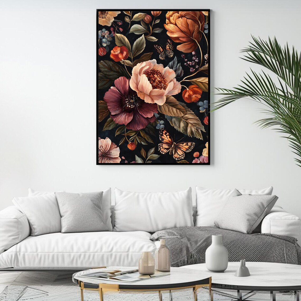 Dark Botanical Peony And Monarch Butterfly Moody Floral Art Poster - Image 4