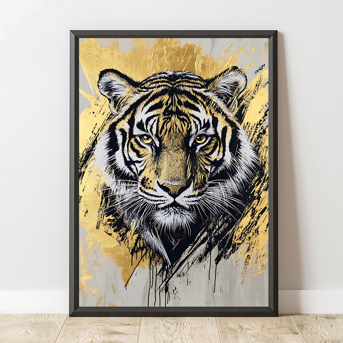 Majestic Tiger Portrait Black Gold Ink Wildlife Modern Animal Art Print - Image 2