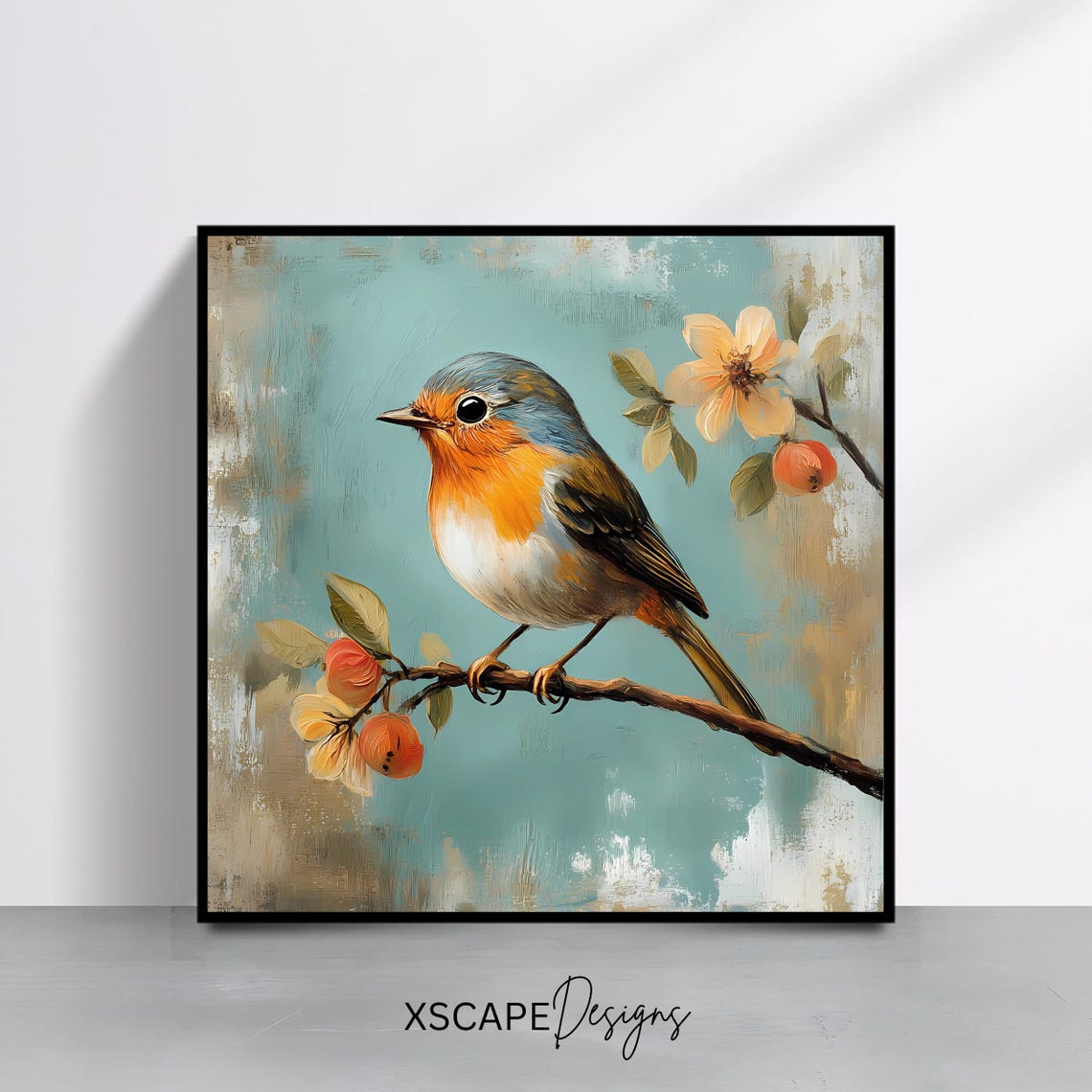 Robin Bird Perched On Berry Branch Vintage Nature Painting Wall Poster