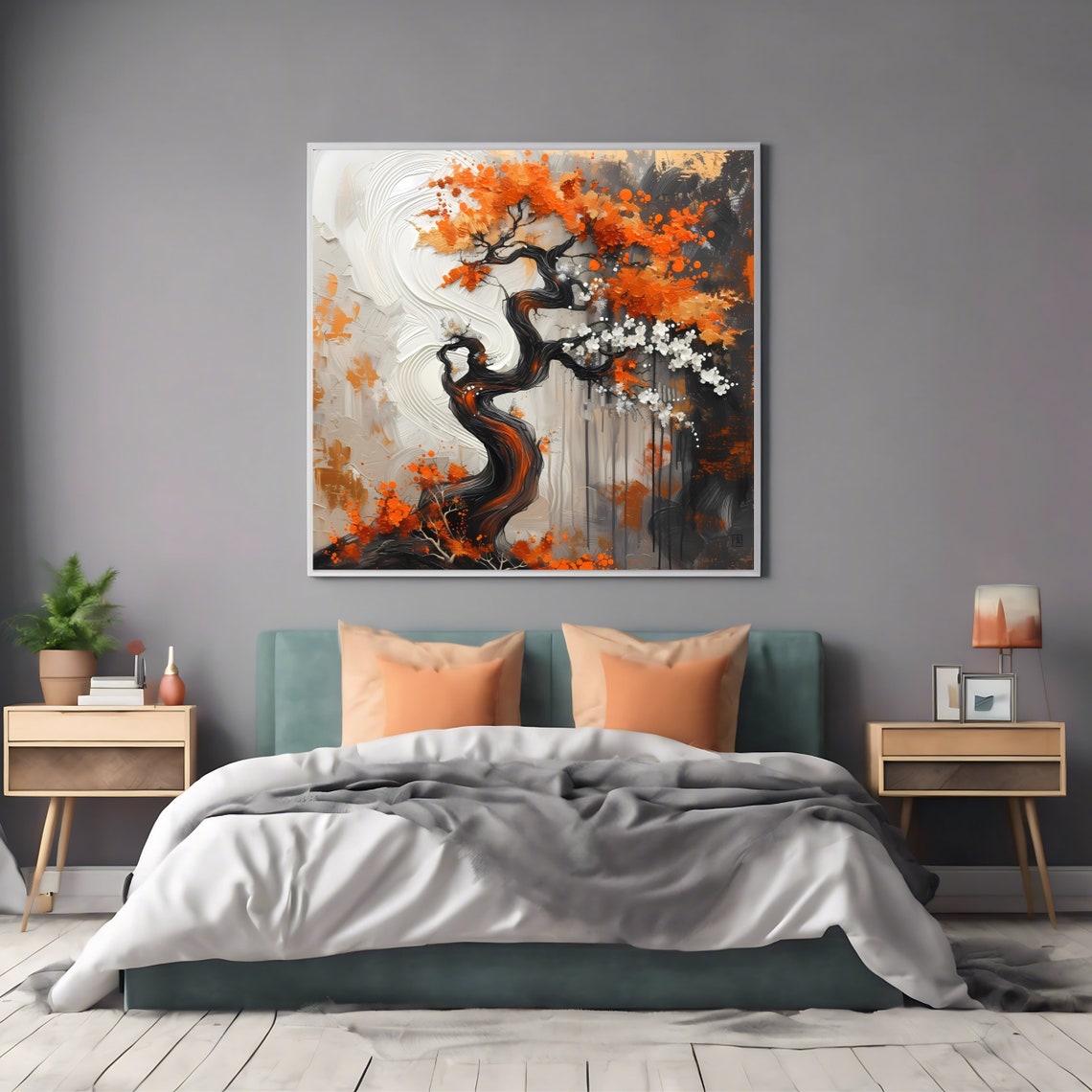 Twisted Bonsai Tree Orange Blossoms Abstract Nature Art Print Poster - Image 2