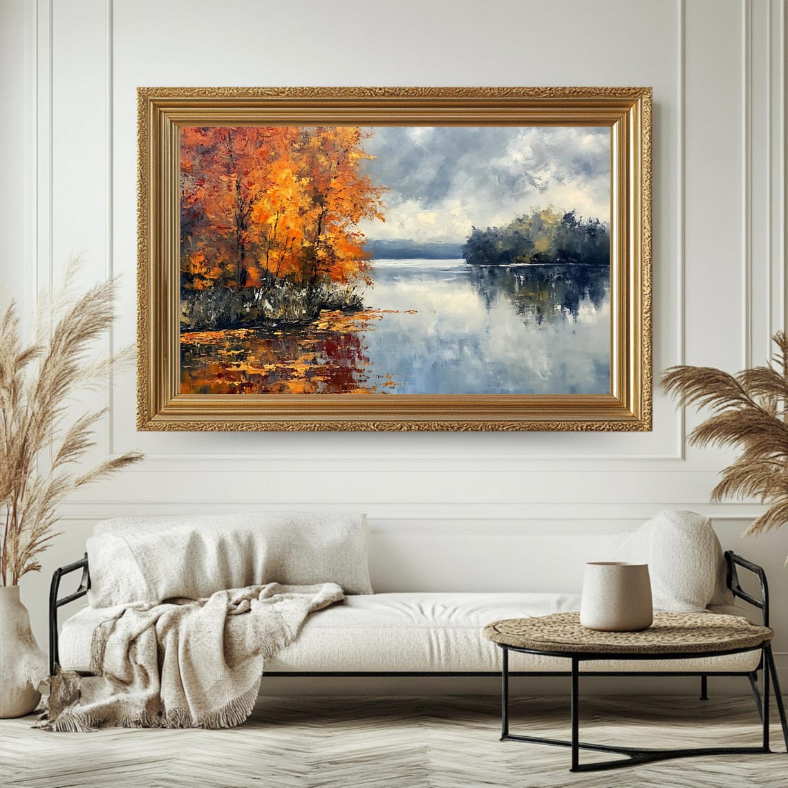Autumn Lake Fiery Orange Trees Calm Water Cloudy Sky Reflection Print - Image 4