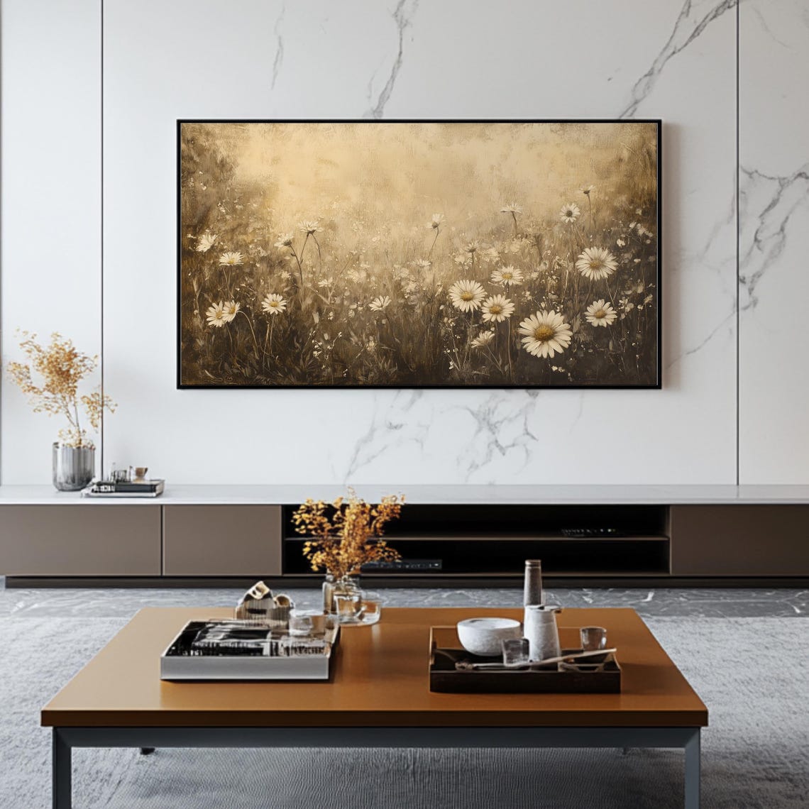 Rustic Daisy Field Sepia Toned Meadow Wildflower Frame TV Poster - Image 2