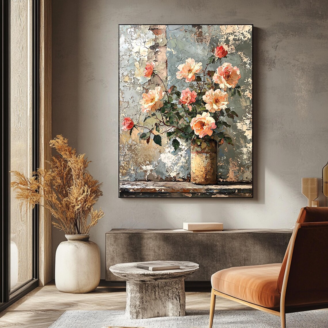 Vintage Floral Still Life Blush Roses Rustic Pot Distressed Wall Print - Image 3