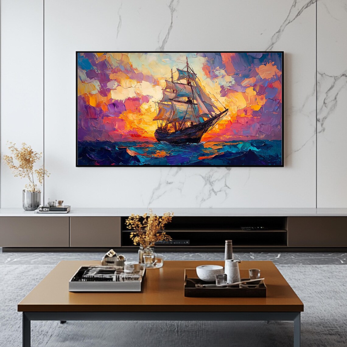 Sailing Ship At Sunset Art Frame Tv Art Roku Screensaver Vibrant Nautical Ocean Scene - Image 2