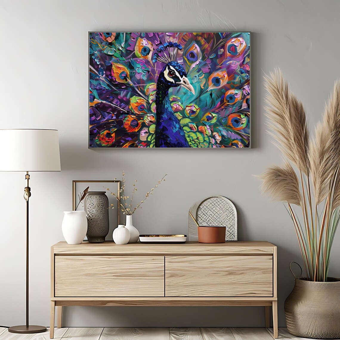 Vibrant Peacock Impasto Painting Colorful Feather Fanned Tail Poster - Image 3
