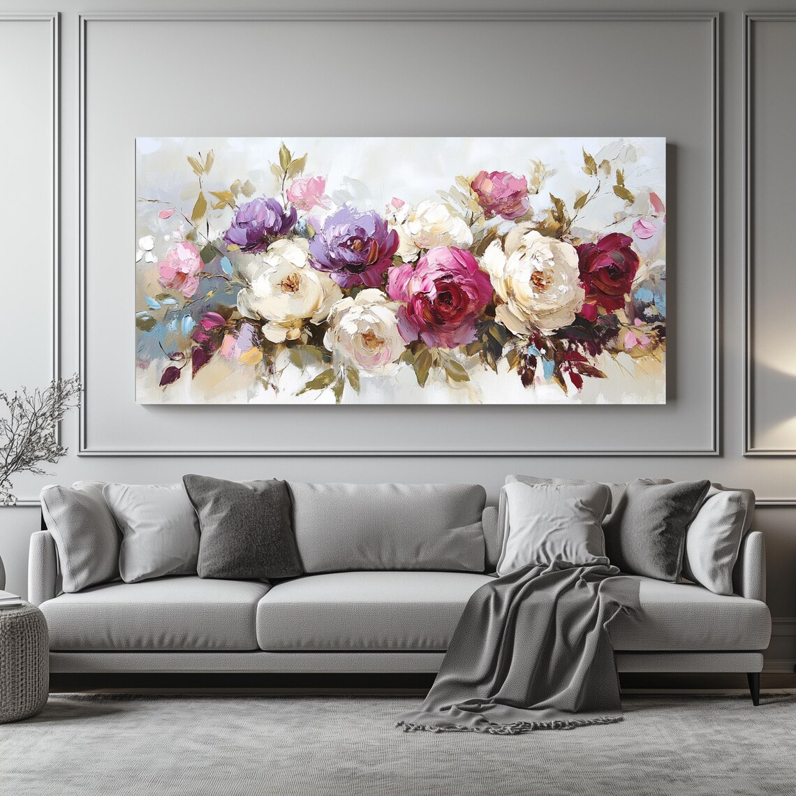Romantic Roses Peonies Bouquet Oil Painting Panoramic Floral Wall Art - Image 4