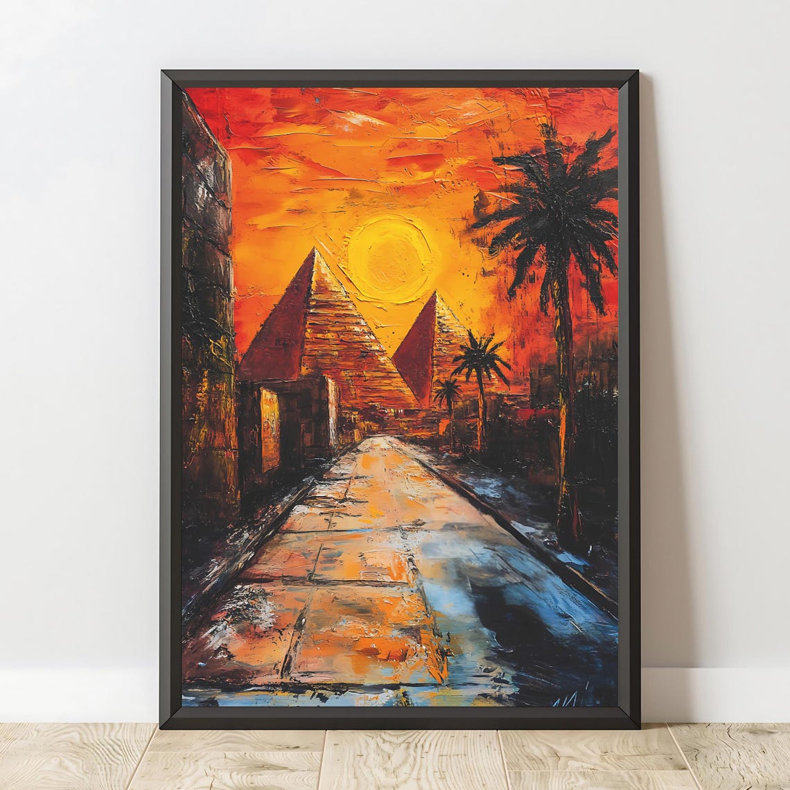 Egyptian Giza Pyramids At Fiery Sunset With Palm Trees Desert Poster - Image 2