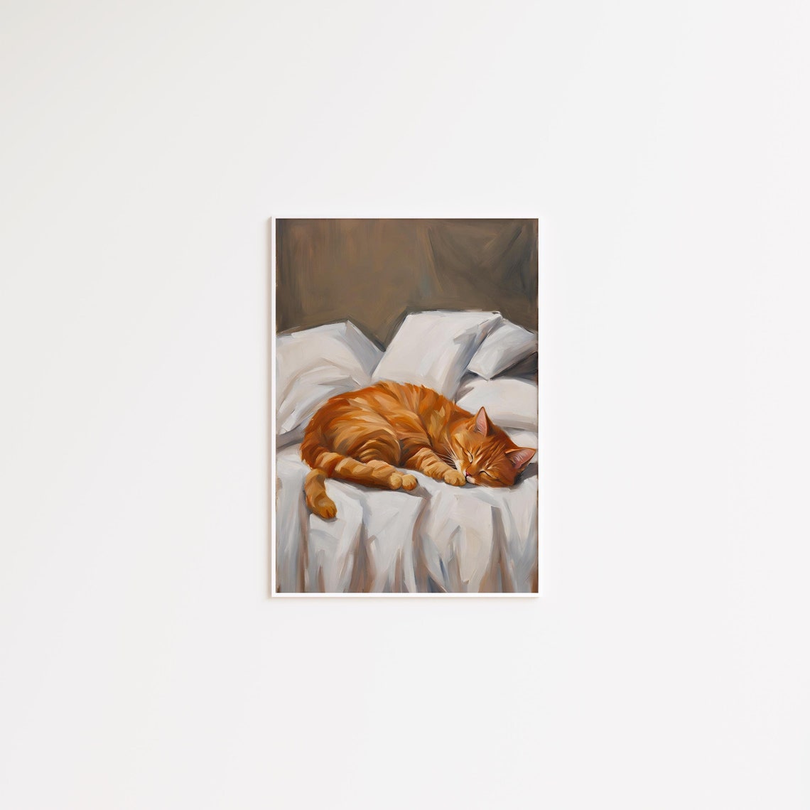 Orange Tabby Cat Sleeping Peacefully on a White Bed Poster Art