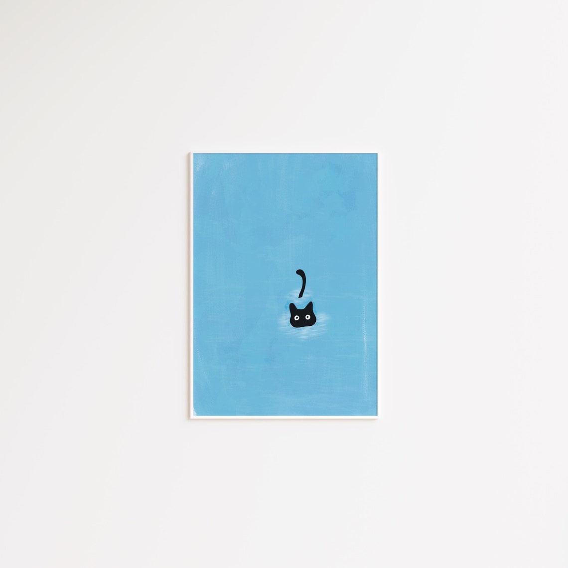 Tiny Black Cat Swimming in a Big Blue Water Pool Poster Art Decor