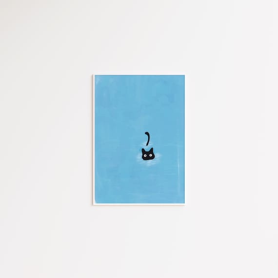 Tiny Black Cat Swimming in a Big Blue Water Pool Poster Art Decor