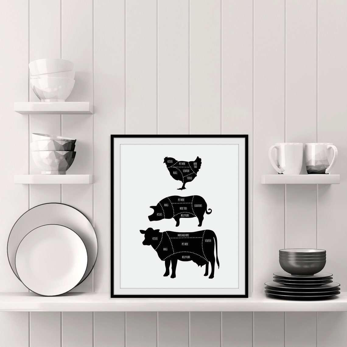 Farmhouse Butcher Chart Chicken Pig Cow Cuts Silhouette Kitchen Poster - Image 4