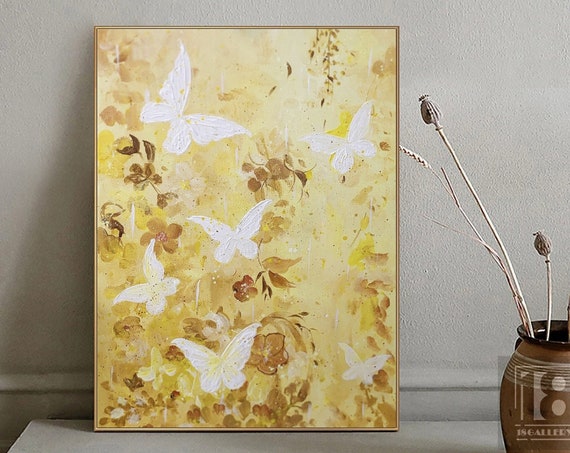White Butterfly Landscape Painting Large Yellow Abstract Painting Modern Painting Abstract Texture Wall Art Oil Painting Artwork