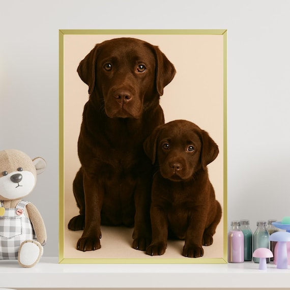 Chocolate Labrador Adult and Puppy Studio Portrait Dog Wall Art