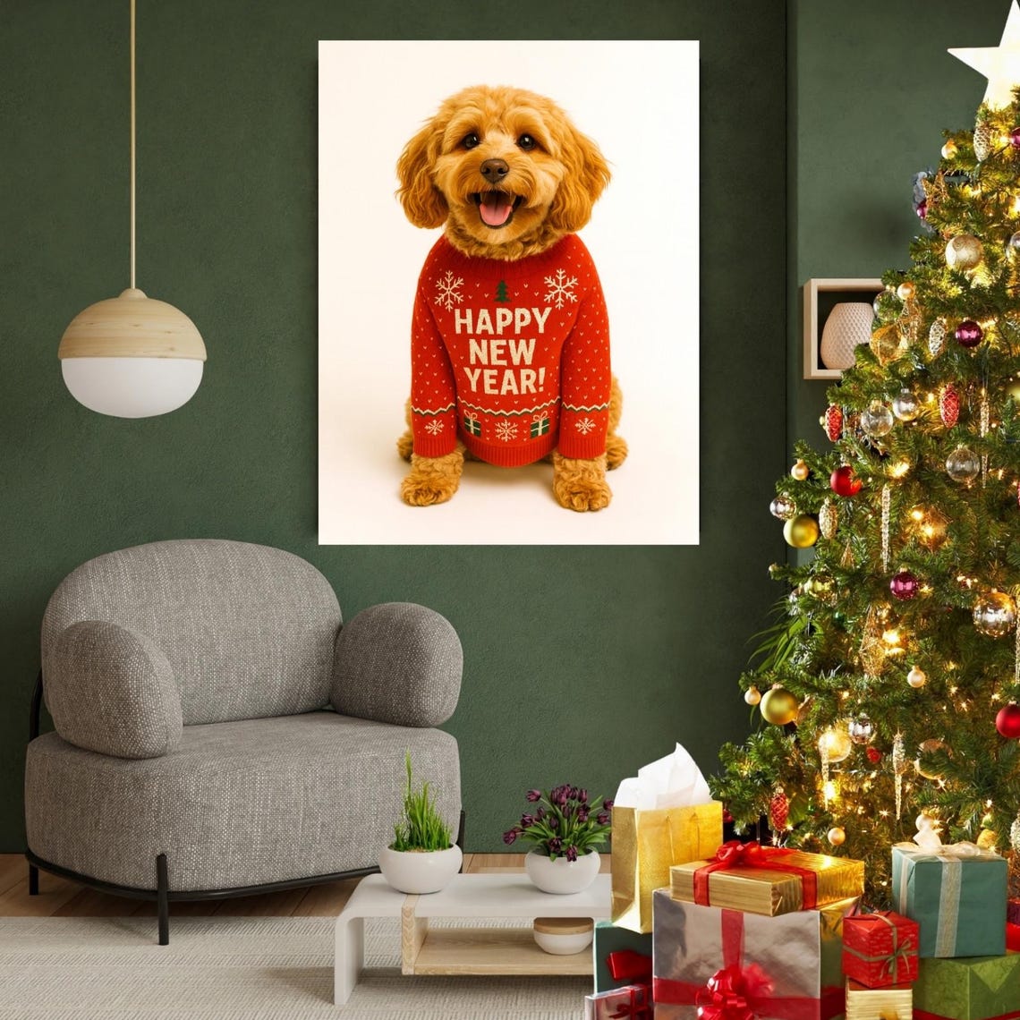 Cavapoo Happy New Year Sweater Dog Portrait Festive Holiday Poster